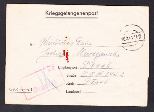 Woldenberg-Płock formularz listowy 1941 rok