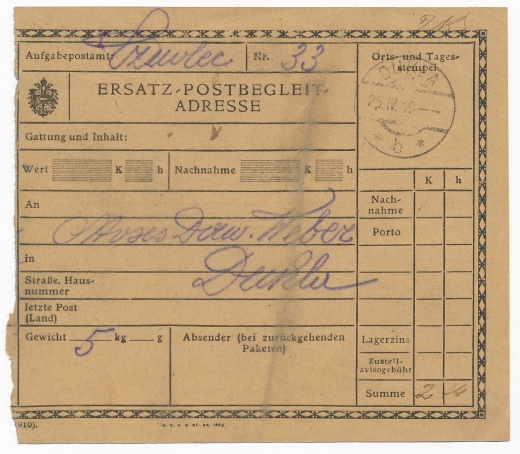 0059 Czudec-Dukla przekaz paczkowy 1919 rok