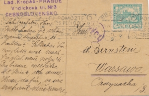 Czechosłowacja kartka pocztowa Praga-Warszawa  1920 rok
